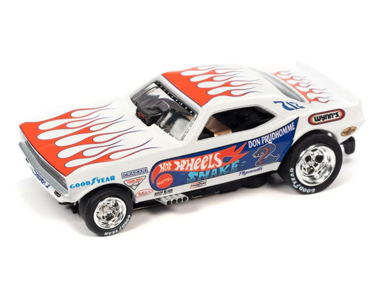 Auto World 1972 Plymouth Cuda Funny Car (White w/Flames) Don " The Snake" Prudhomme Snake II 4Gear Legends R1 HO Slot Car