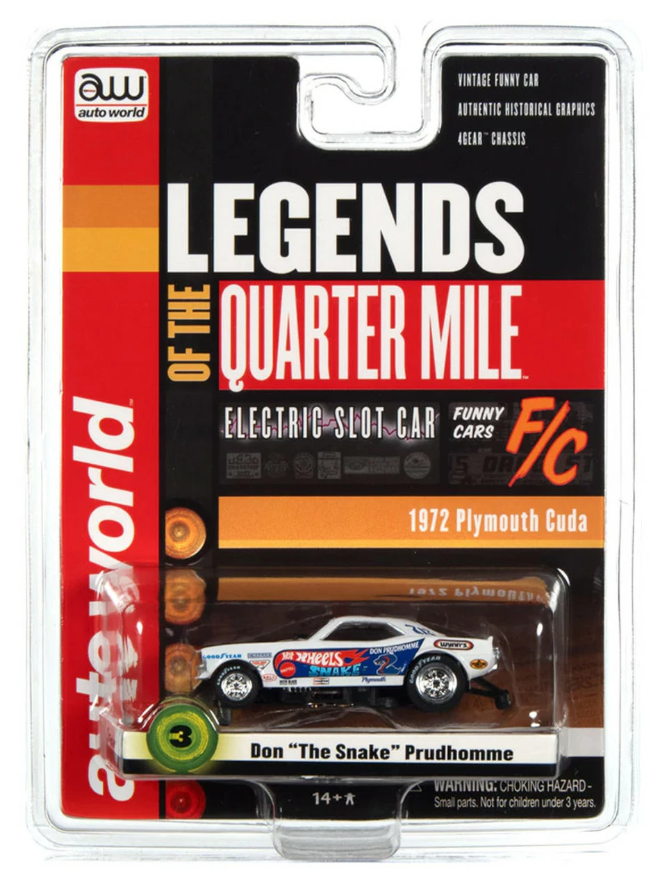 Auto World 1972 Plymouth Cuda Funny Car (White w/Flames) Don " The Snake" Prudhomme Snake II 4Gear Legends R1 HO Slot Car - Image 4